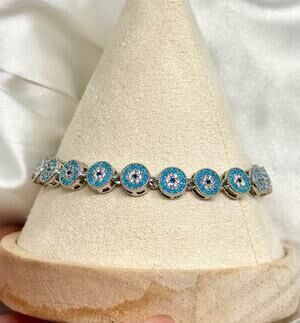 Blue Evil Eye Tennis Bracelet – 24K White Gold Plated – 7–7.5”